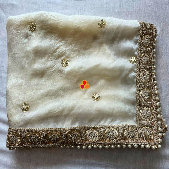 anokherang Dupattas Mehrab Ivory Hand Embroiderded Tissue Organza Dupatta
