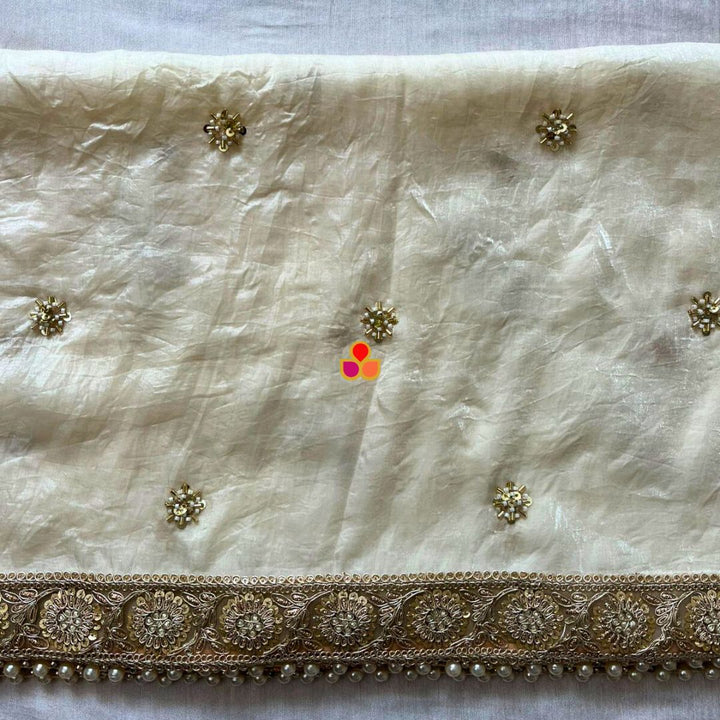 anokherang Dupattas Mehrab Ivory Hand Embroiderded Tissue Organza Dupatta