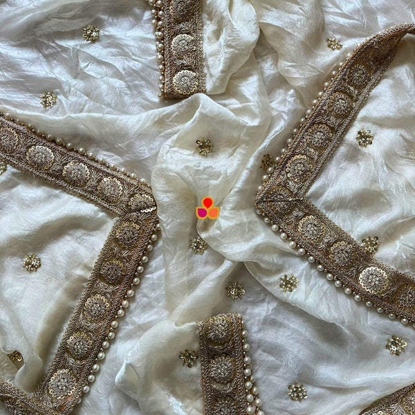 anokherang Dupattas Mehrab Ivory Hand Embroiderded Tissue Organza Dupatta