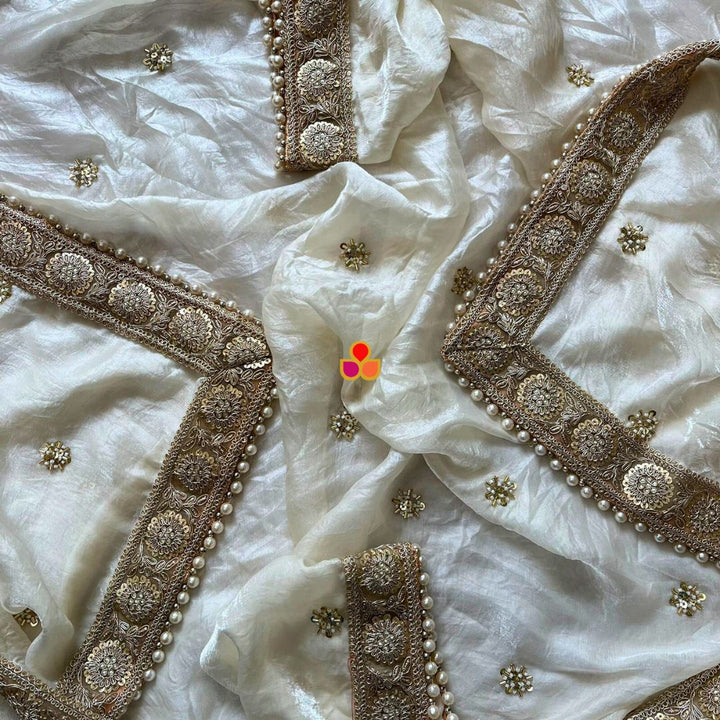 anokherang Dupattas Mehrab Ivory Hand Embroiderded Tissue Organza Dupatta