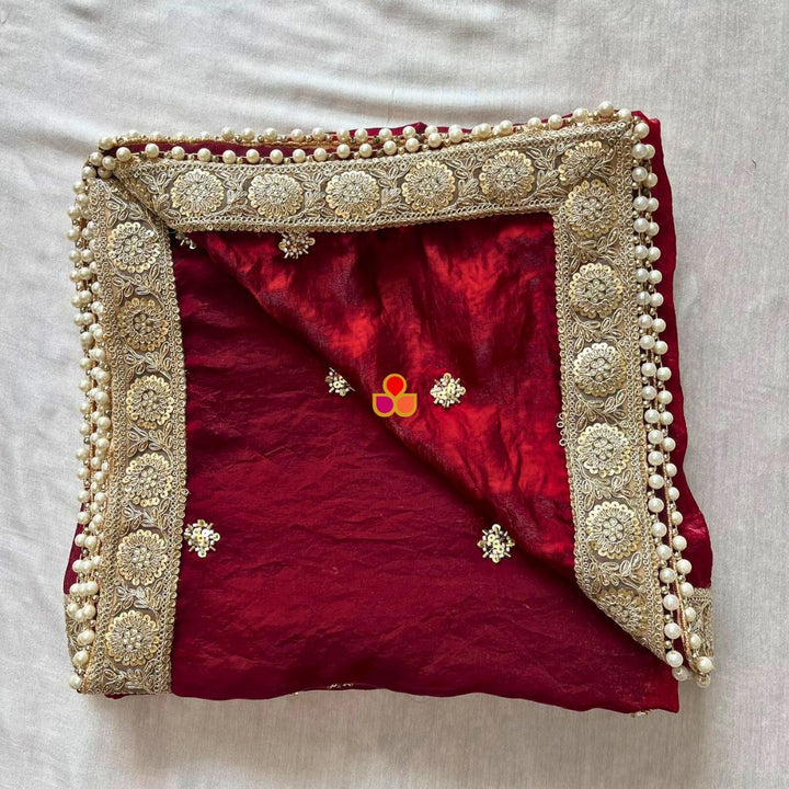 anokherang Dupattas Mehrab Maroon Hand Embroidereded Tissue Organza Dupatta