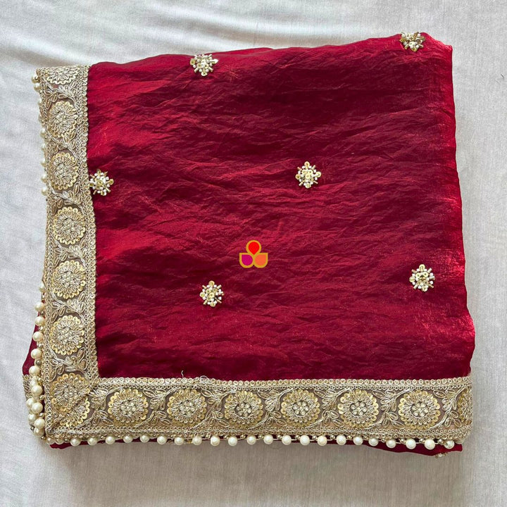 anokherang Dupattas Mehrab Maroon Hand Embroidereded Tissue Organza Dupatta
