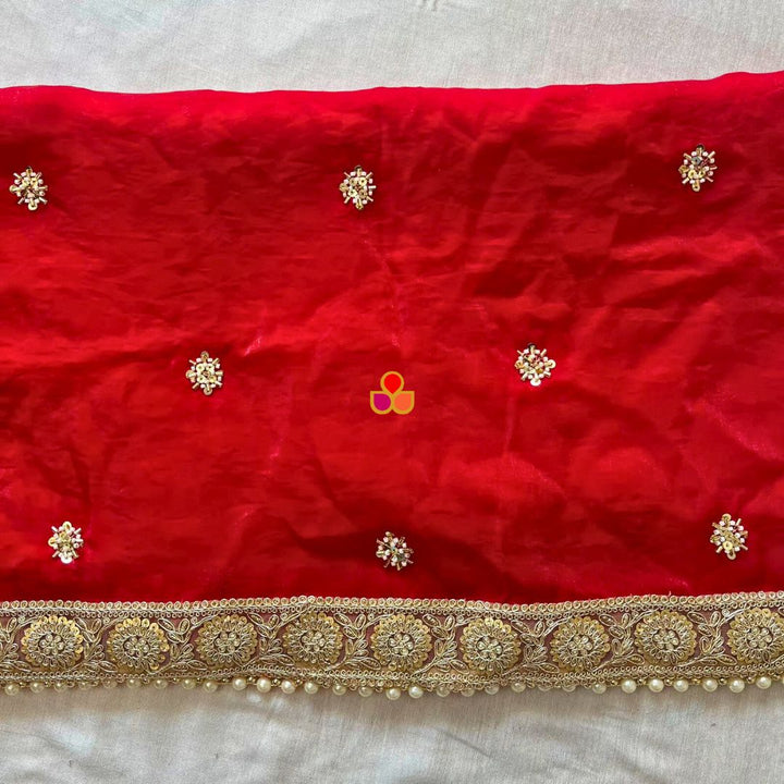 anokherang Dupattas Mehrab Red Hand Embroidereded Tissue Organza Dupatta