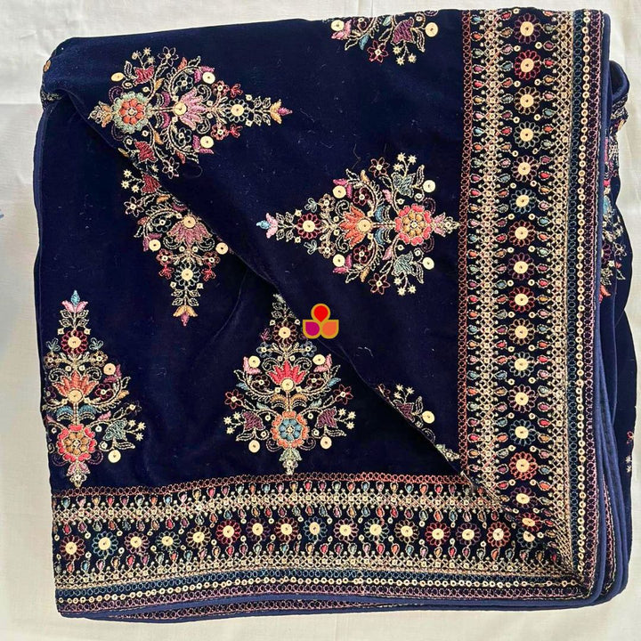 anokherang Dupattas Midnight Bloom Zari Embroidered Velvet Dupatta