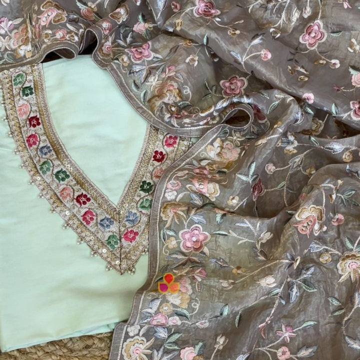 anokherang Dupattas Mint Green Ivory Silk Unstitched Suit with Parsi Organza Dupatta