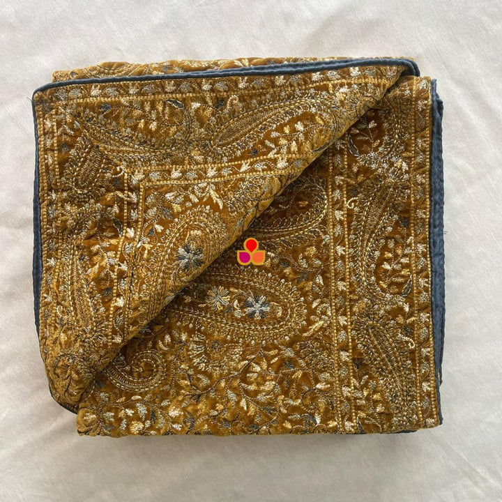 anokherang Dupattas Mustard Kashmiri Thread Embroidered Velvet Dupatta