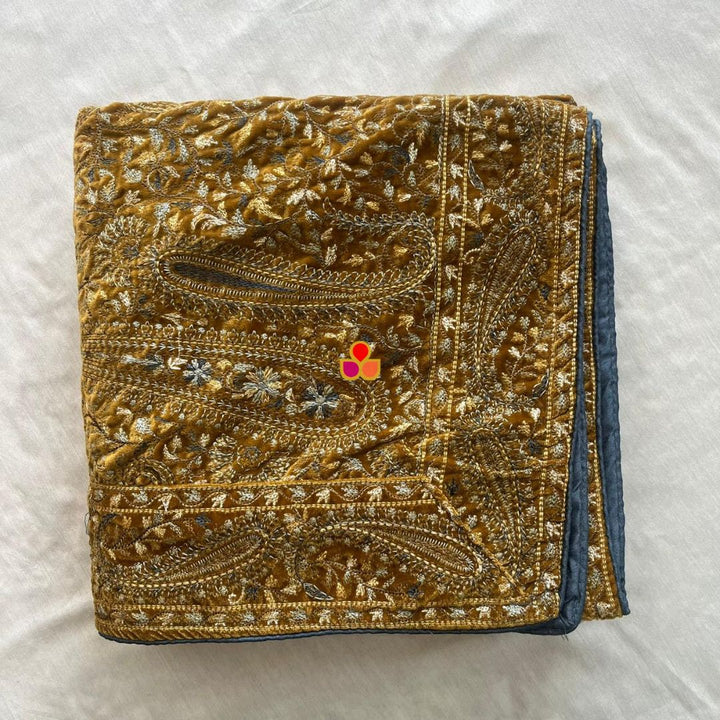 anokherang Dupattas Mustard Kashmiri Thread Embroidered Velvet Dupatta