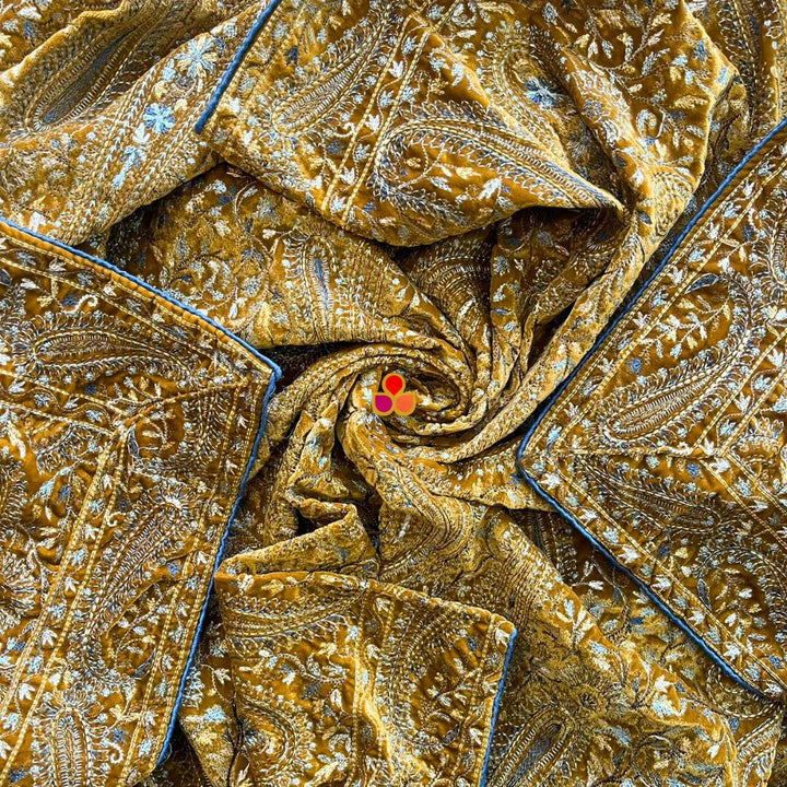anokherang Dupattas Mustard Kashmiri Thread Embroidered Velvet Dupatta