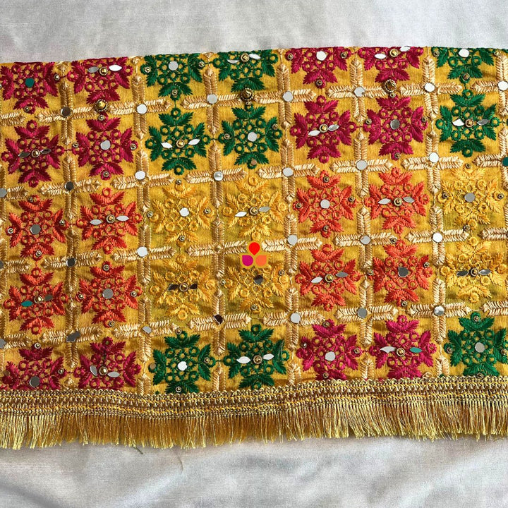 anokherang Dupattas Mustard Multicolor Mirror Embroidered Phulkari Chinon Dupatta