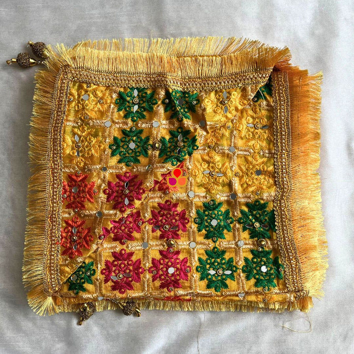 anokherang Dupattas Mustard Multicolor Mirror Embroidered Phulkari Chinon Dupatta
