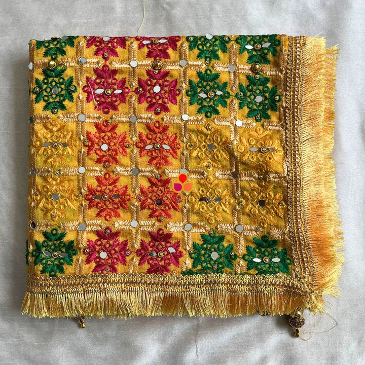 anokherang Dupattas Mustard Multicolor Mirror Embroidered Phulkari Chinon Dupatta