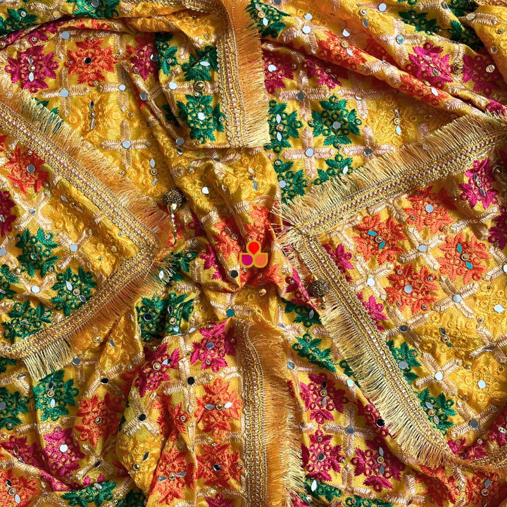 anokherang Dupattas Mustard Multicolor Mirror Embroidered Phulkari Chinon Dupatta