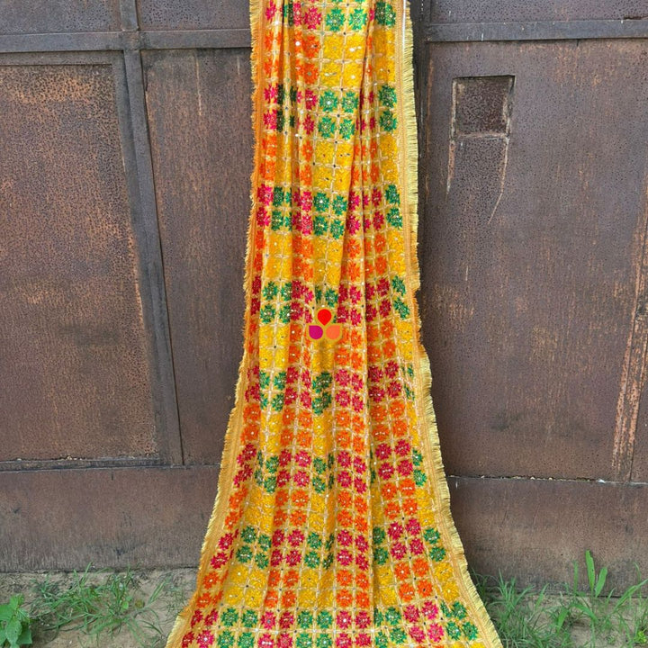 anokherang Dupattas Mustard Multicolor Mirror Embroidered Phulkari Chinon Dupatta
