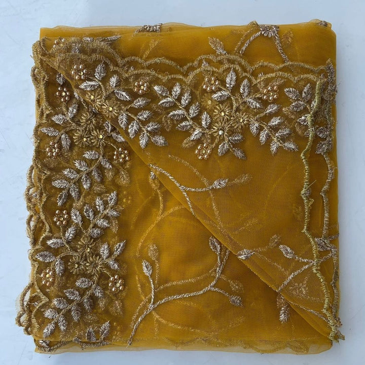 anokherang Dupattas Mustard Shimmer Zari Embroided Net Dupatta