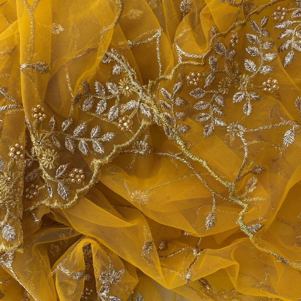 anokherang Dupattas Mustard Shimmer Zari Embroided Net Dupatta