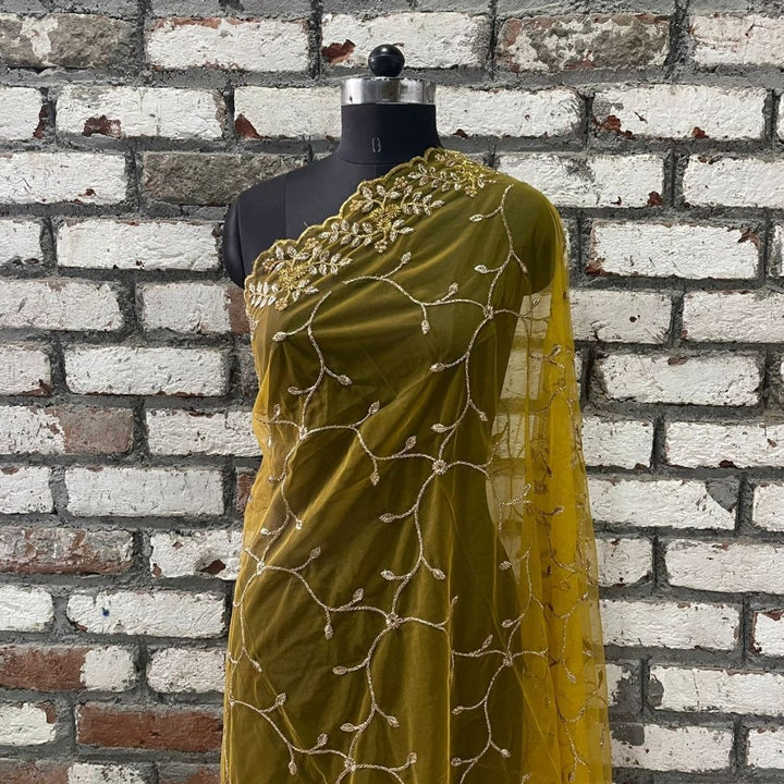 anokherang Dupattas Mustard Shimmer Zari Embroided Net Dupatta