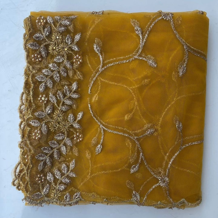 anokherang Dupattas Mustard Shimmer Zari Embroided Net Dupatta