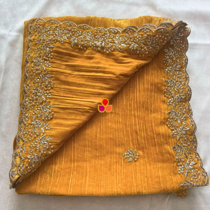anokherang Dupattas Mustard Zari Embroidered Soft Crushed Velvet Scalloped Dupatta