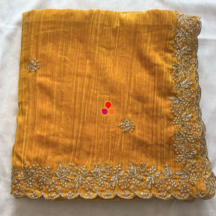 anokherang Dupattas Mustard Zari Embroidered Soft Crushed Velvet Scalloped Dupatta