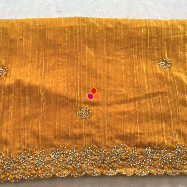 anokherang Dupattas Mustard Zari Embroidered Soft Crushed Velvet Scalloped Dupatta