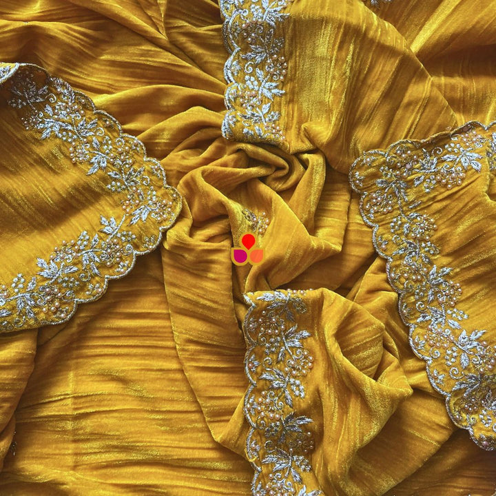 anokherang Dupattas Mustard Zari Embroidered Soft Crushed Velvet Scalloped Dupatta