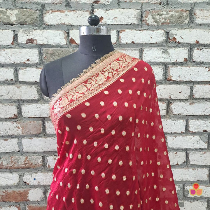 anokherang Dupattas Mystical Red Zari Embroidered Fringed Organza Dupatta
