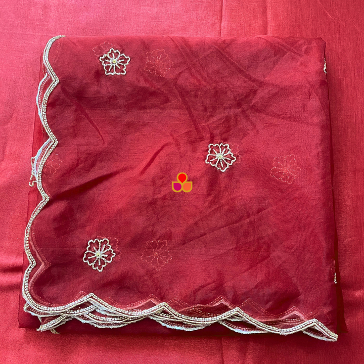 anokherang Dupattas Nargis Maroon Hand Embroidered Organza Dupatta