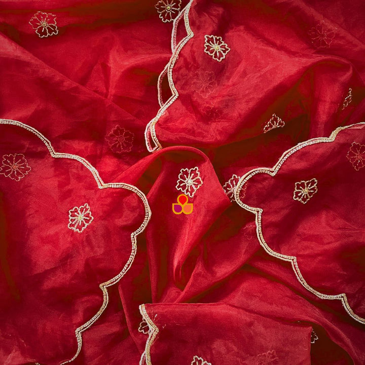 anokherang Dupattas Nargis Maroon Hand Embroidered Organza Dupatta