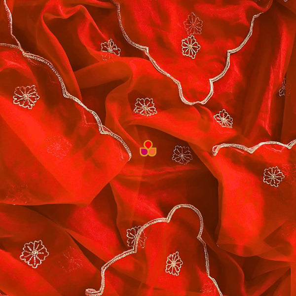 anokherang Dupattas Nargis Red Hand Embroidered Organza Dupatta
