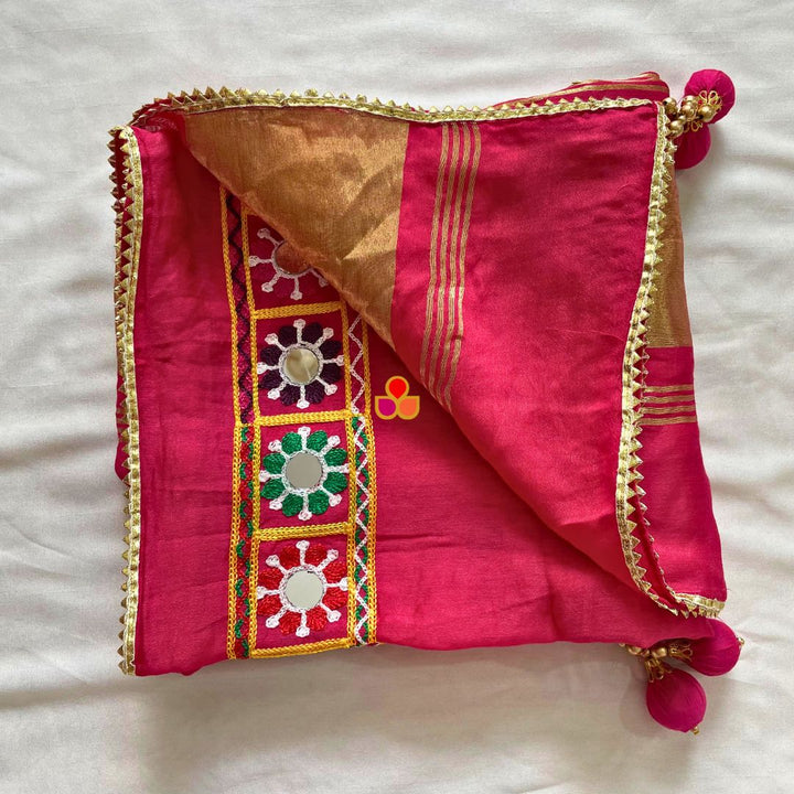 anokherang Dupattas Navratri Pink Thread Embroidered Mirror Silk Dupatta