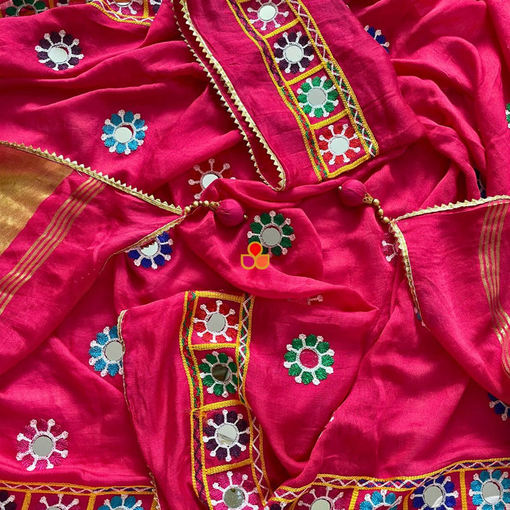 anokherang Dupattas Navratri Pink Thread Embroidered Mirror Silk Dupatta