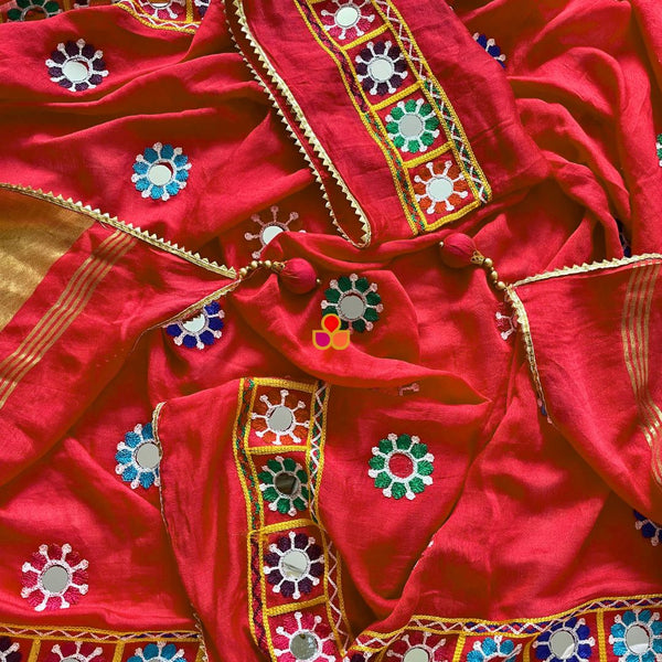 anokherang Dupattas Navratri Red Thread Embroidered Mirror Silk Dupatta