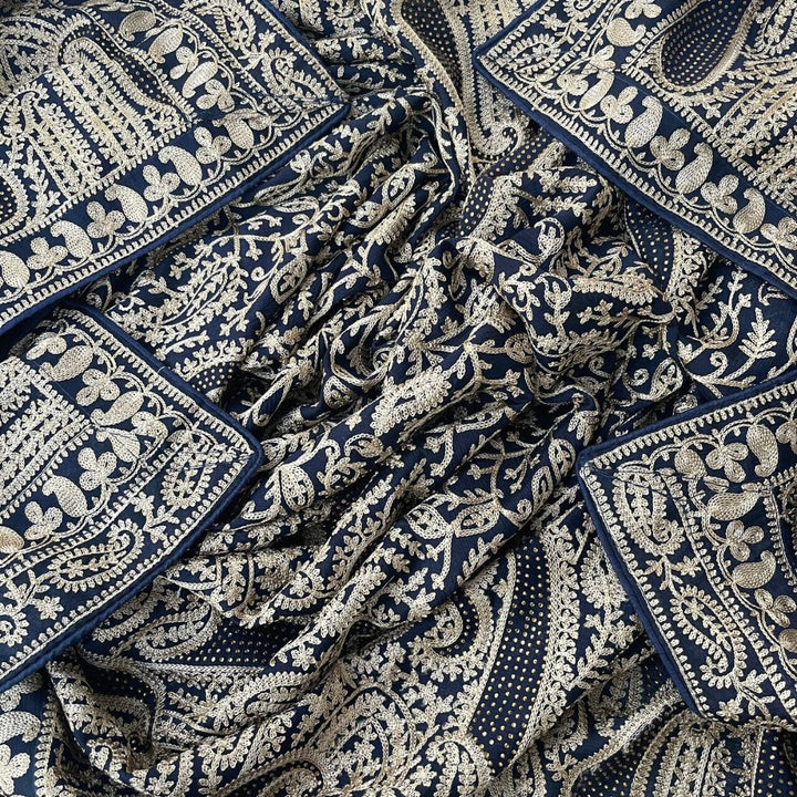 anokherang Dupattas Navy Blue Mokaish Kashmiri Embroidered Crepe Dupatta