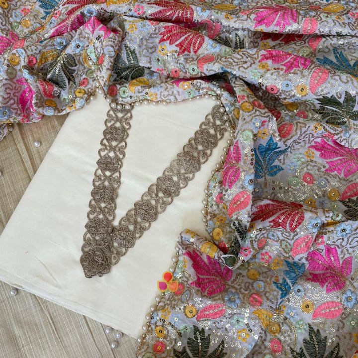 anokherang Dupattas Noorjahaan Ivory Silk Unstitched Suit with Georgette Dupatta