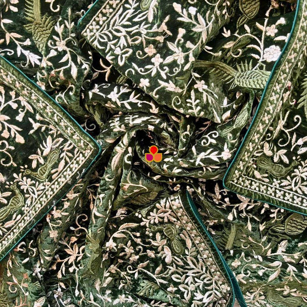 anokherang Dupattas Olive Green Kashmiri Thread Embroidered Velvet Stole