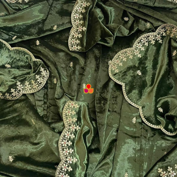 anokherang Dupattas Olive Shine Sequin Zari Embroidered Scalloped Velvet Dupatta