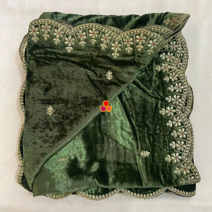 anokherang Dupattas Olive Shine Sequin Zari Embroidered Scalloped Velvet Dupatta