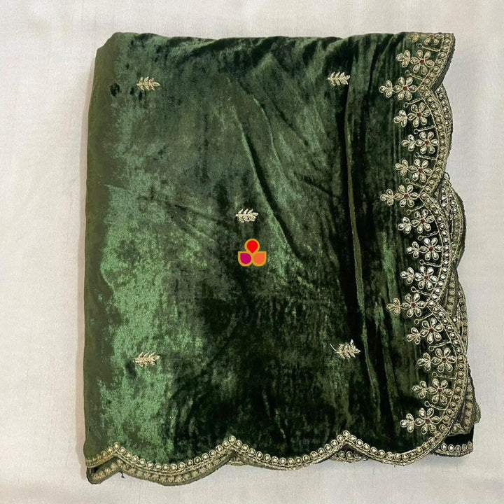 anokherang Dupattas Olive Shine Sequin Zari Embroidered Scalloped Velvet Dupatta