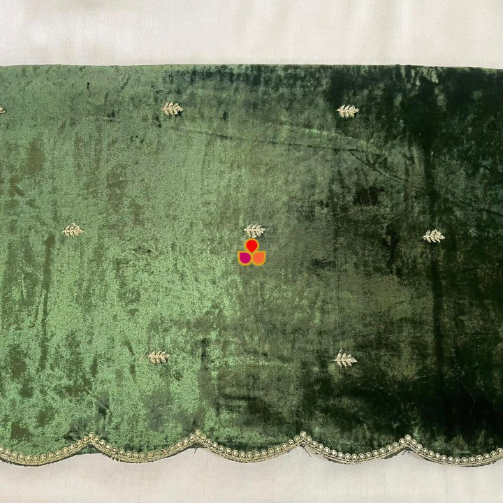 anokherang Dupattas Olive Shine Sequin Zari Embroidered Scalloped Velvet Dupatta