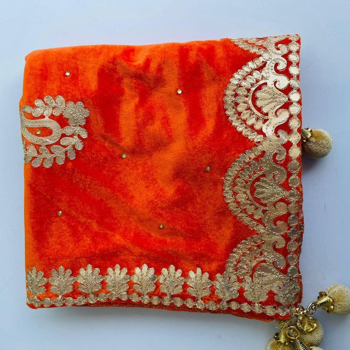 anokherang Dupattas Orange Ethnic Gota Patti Motifs Embroidered Velvet Dupatta