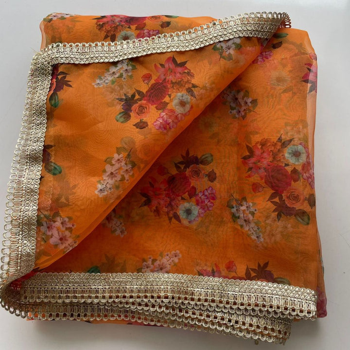 anokherang Dupattas Orange Floral Printed Organza Dupatta