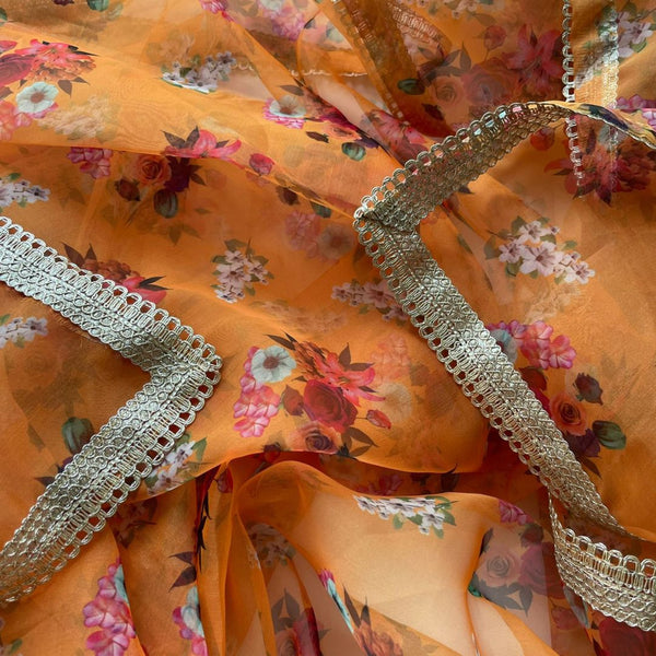 anokherang Dupattas Orange Floral Printed Organza Dupatta