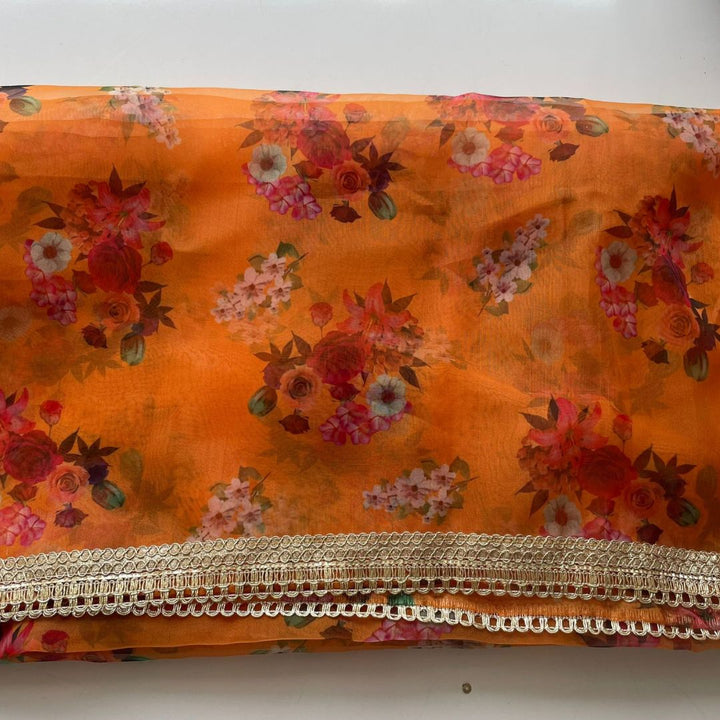 anokherang Dupattas Orange Floral Printed Organza Dupatta