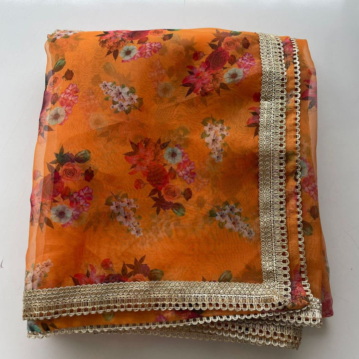 anokherang Dupattas Orange Floral Printed Organza Dupatta