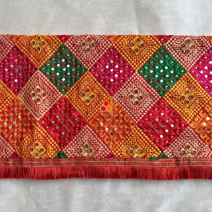 anokherang Dupattas Orange Multicolor Mirror Embroidered Phulkari Chinon Dupatta