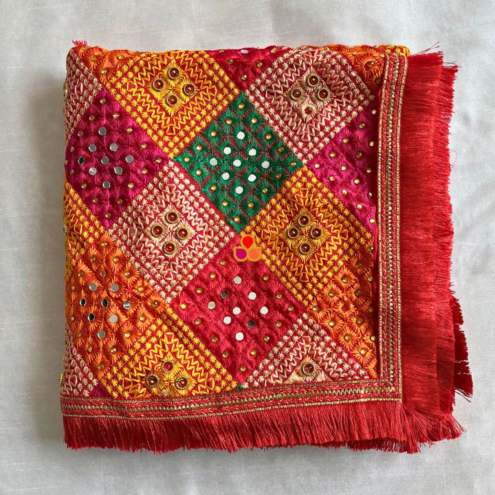 anokherang Dupattas Orange Multicolor Mirror Embroidered Phulkari Chinon Dupatta