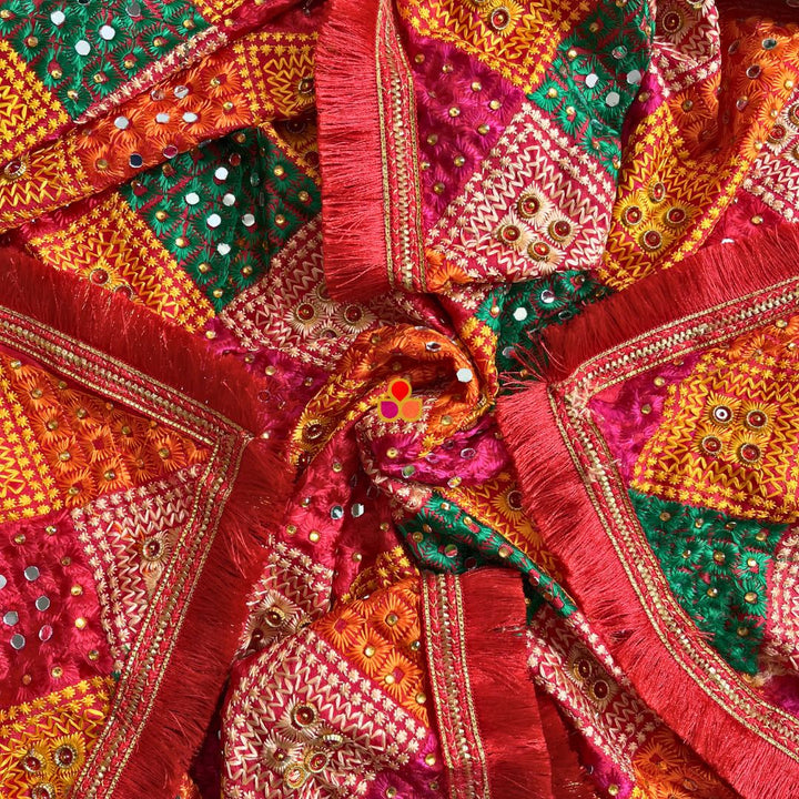anokherang Dupattas Orange Multicolor Mirror Embroidered Phulkari Chinon Dupatta