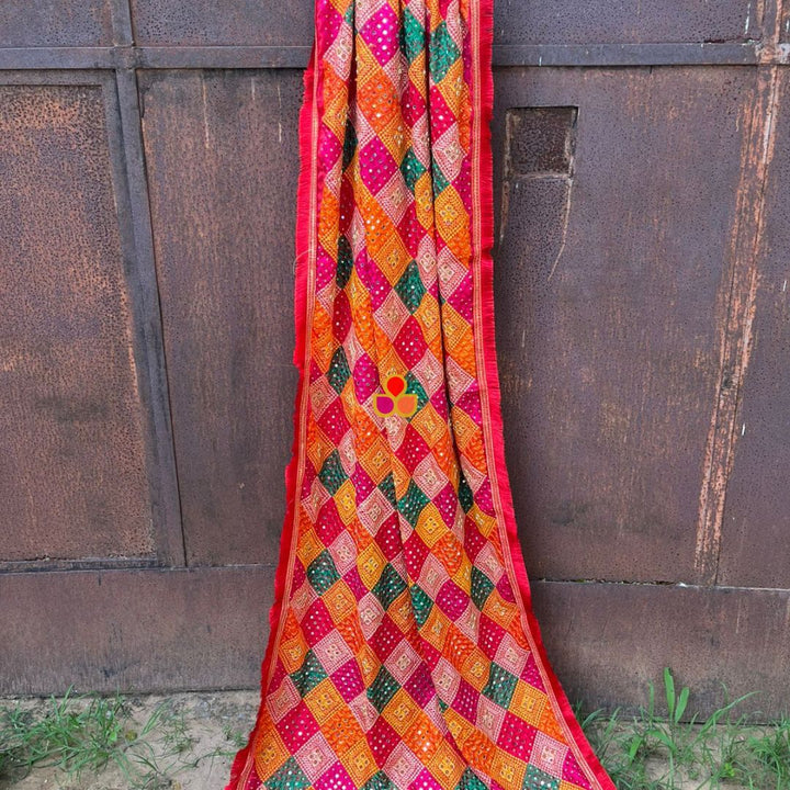 anokherang Dupattas Orange Multicolor Mirror Embroidered Phulkari Chinon Dupatta