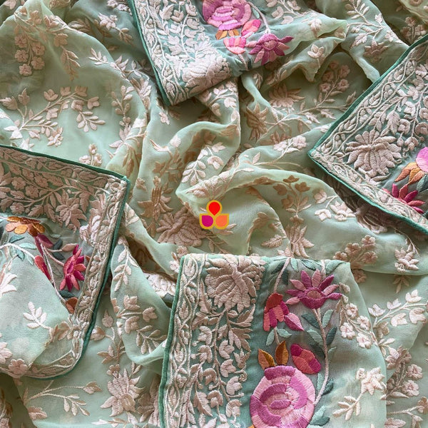 anokherang Dupattas Pastel Green Embroidered Parsi Gara Georgette Multicolor Thread Work Dupatta