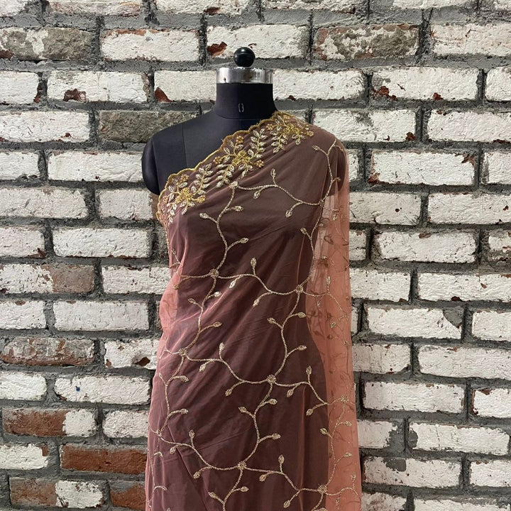 anokherang Dupattas Peach Green Shimmer Zari Embroided Net Dupatta